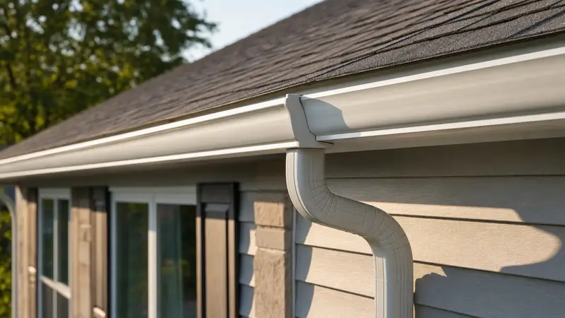A white seamless gutter and downspout elbow running along the eave of a brown shingle roof on a beige clapboard house