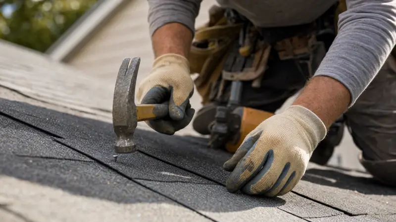 Close view of a roofer’s gloved hands driving a nail through a replacement asphalt shingle with a framing hammer, tool belt and pry bar behind