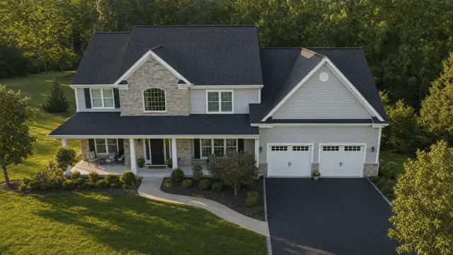 A two-storey house with a stone and pale-siding front elevation under a newly laid dark architectural shingle roof, photographed from above the driveway