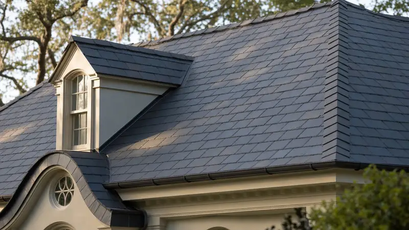 A steep grey slate roof with a dovecote dormer and a curved eyebrow gable over a pale stucco house, framed by oak branches