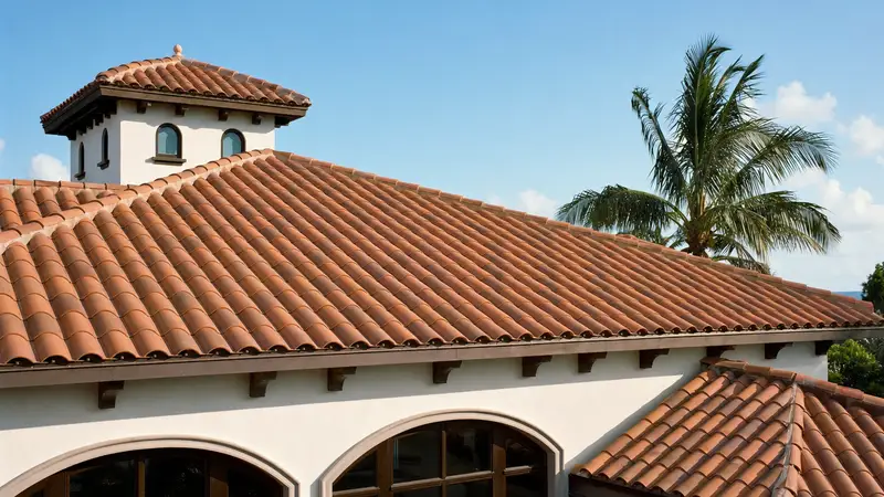 A terracotta barrel tile roof in graded red and ochre tones over a white stucco house, with a small tiled cupola and a palm tree against a clear blue sky