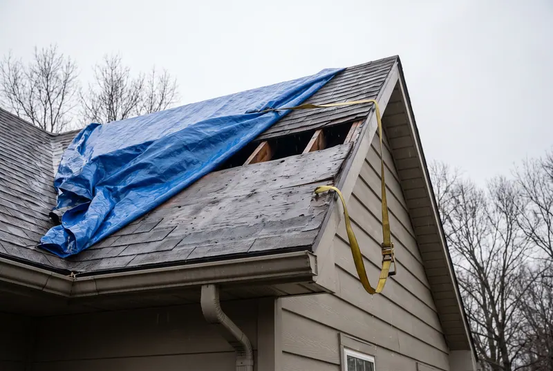 A blue tarp strapped back from a storm-damaged gable, exposing bare grey decking and two open gaps where the sheathing is missing
