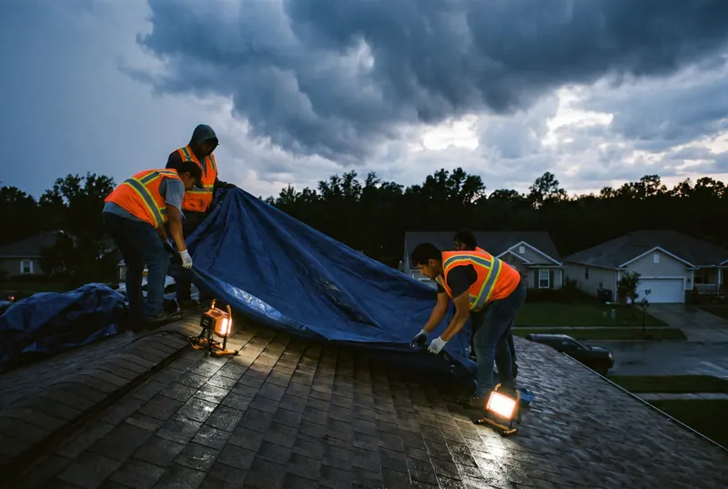 Three roofers in high-visibility vests dragging a blue tarp across a wet shingle roof at dusk under a heavy storm sky, lit by two work lamps
