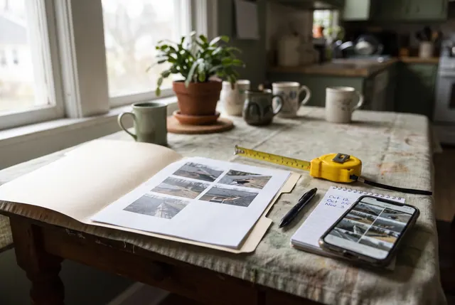 A kitchen table with a photo report open in a ring binder, a tape measure, a notepad of dates and a phone showing roof photographs