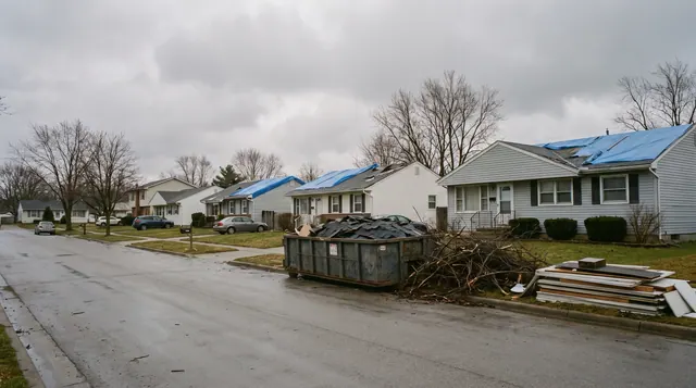 A suburban street after a storm: blue tarps on several roofs, a skip at the kerb, a pile of cut brush and stacked debris under a grey sky
